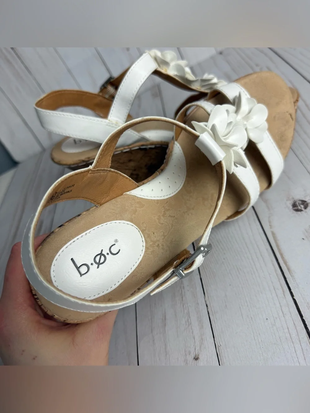 B.O.C. White Flower Vegan Leather Cork Wedges Open Toe Slingback Sandals